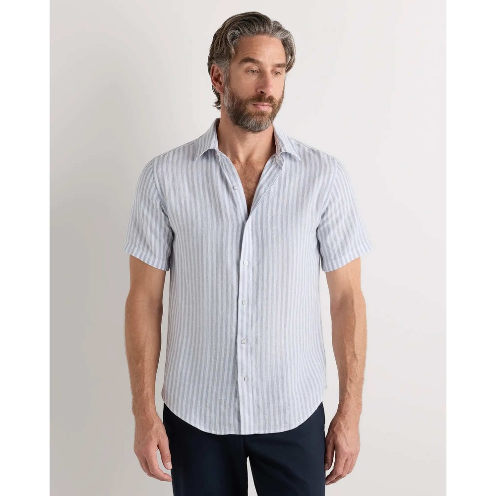 Quince European Linen Short Sleeve Shirt Mariner Blue Stripe Mens Medium NWT